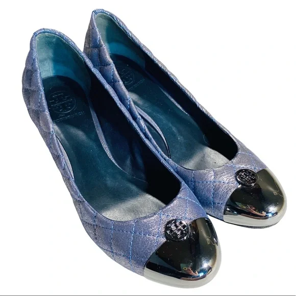 Tory Burch Kaitlin Quilted Cap Toe Navy Blue Metallic Pump Block Heel Size 9 M - Picture 1 of 12